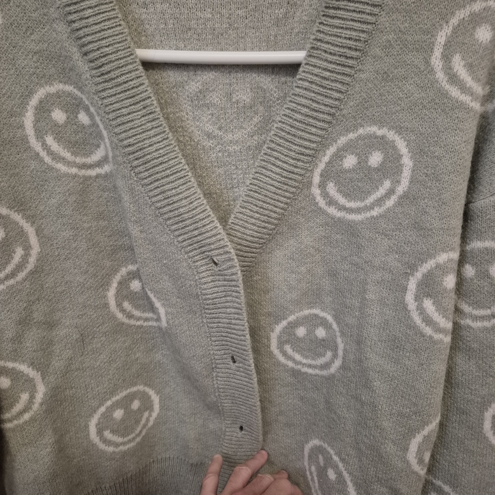 Smiley Face Gray Cardigan Sweater
